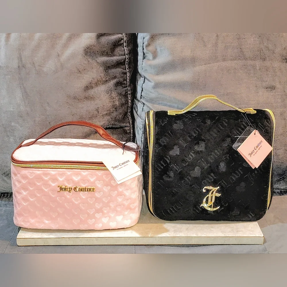 NWT JUICY COUTURE PINK TRAVEL COSMETIC BAG & BLACK HANGING TOILETRY BAG BUNDLE